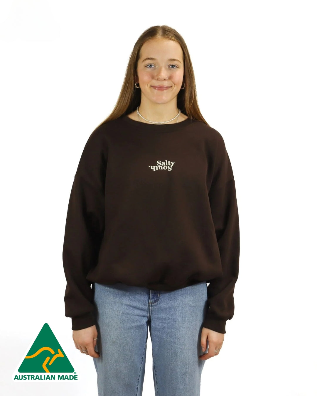 Salty South Womens Flip Logo Crew Neck Australian Made Chocolate Brown